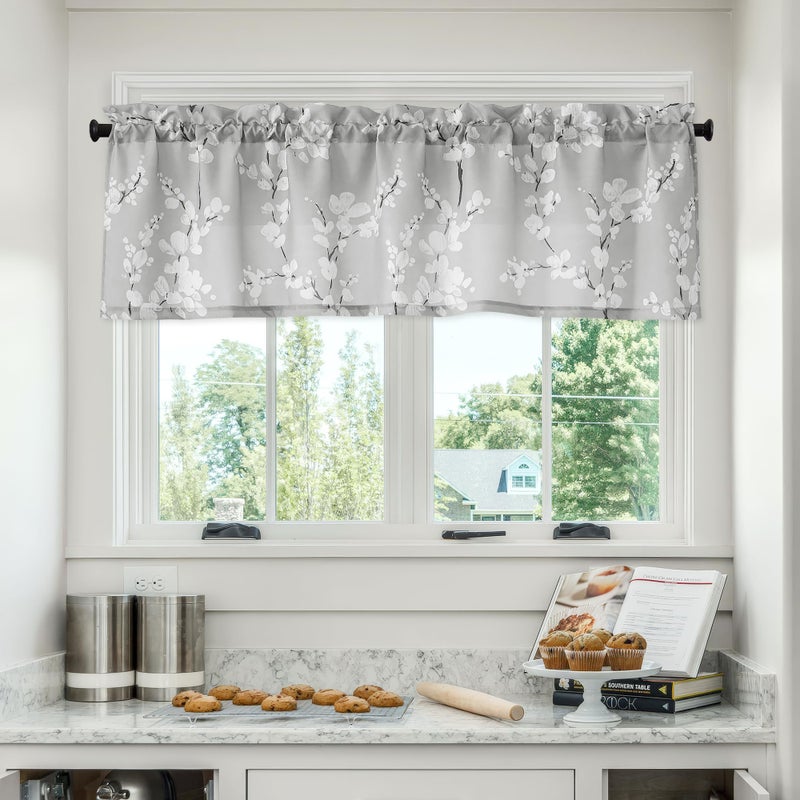 FMFUNCTEX Gray-White Kitchen Valance Curtain 15-inches Length Blossom Print Canvas Window Curtain Valance for Cafe Floral Botanical Pattern Window Top Curtain Rod Pocket 1 Pack - Image 1